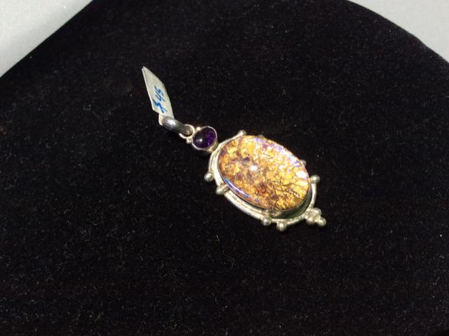 Vintage 925 Sterling Silver Pentant w cabochon Baltic Amber stone 7412-1393 - Ragtime Consignment Boutique