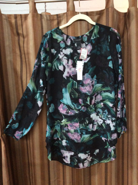 Size PS Ladies Investments black floral print pullover top NWT