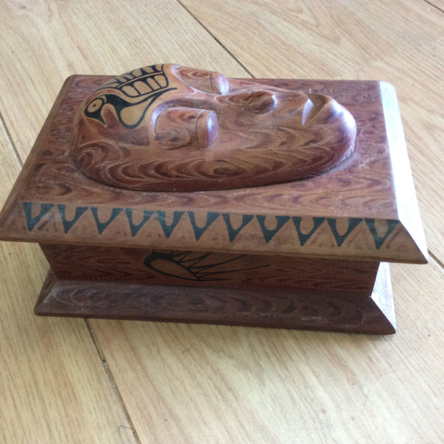 Size Medium jewelry box of wood Native design hand painted vintage